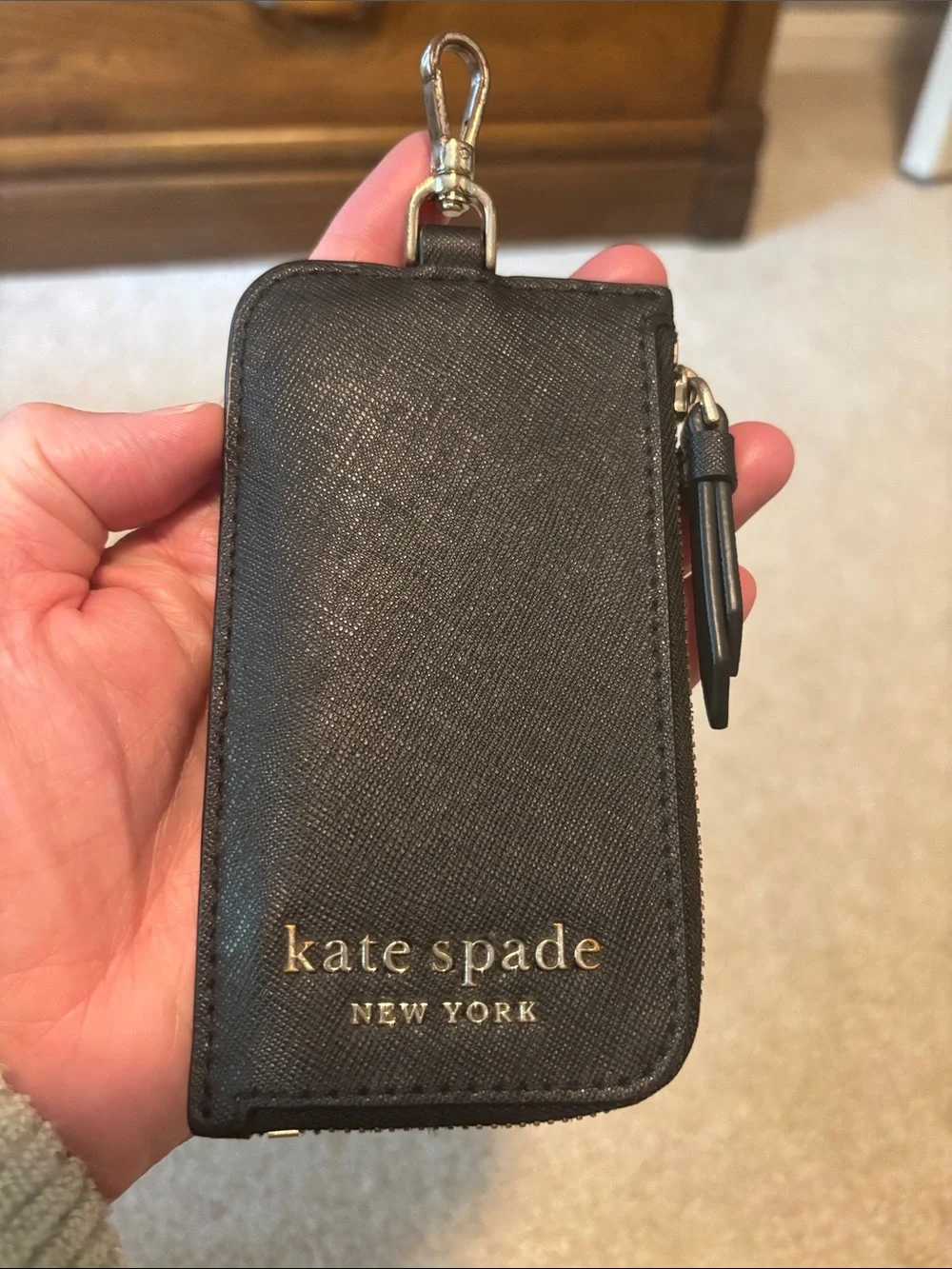 kate spade Leather Zip Card Holder with ID Window Black with Gold Logo